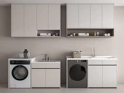Modern Bathroom Vanity Cabinet with Washing Machine Upper Cabinets and White Gray Finish 3d model
