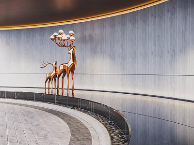 Golden Deer Sculptures With Curved Wall And Golden Trim In Tiled Floor Setting With Chandelier 3d model