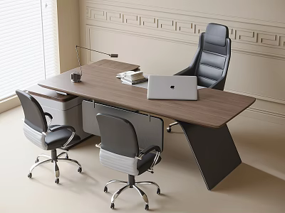 Modern Wooden Office Desk With Laptop Documents Lamp And Three Office Chairs By Decorative Wall 3d model