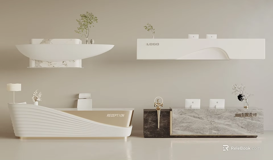 Sleek Modern Reception Desks Featuring Marble Countertop Decorative Plants And Logo 3d model 