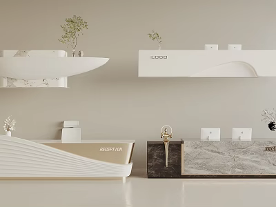 Sleek Modern Reception Desks Featuring Marble Countertop Decorative Plants And Logo 3d model
