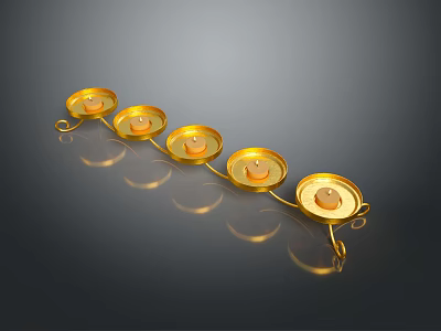 Golden Candle Holder With Five Round Plates On Reflective Black Background 3d model