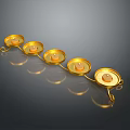 Golden Candle Holder With Five Round Plates On Reflective Black Background