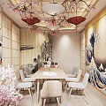 Traditional Japanese Dining Interior Featuring Cherry Blossom Decor Great Wave Mural Shoji Doors And Wooden Furniture