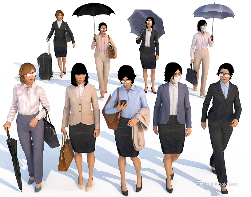 Professional Business Women Carrying Briefcases And Umbrellas In Formal Attire 3d model 