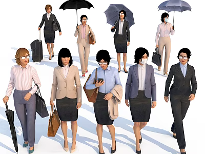 Professional Business Women Carrying Briefcases And Umbrellas In Formal Attire 3d model