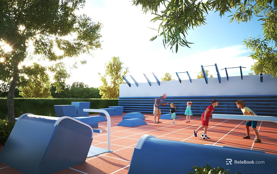 Outdoor Playground Area With Adults And Children Playing On Red Flooring Blue Structures And Trees 3d model 