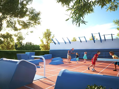 Outdoor Playground Area With Adults And Children Playing On Red Flooring Blue Structures And Trees 3d model