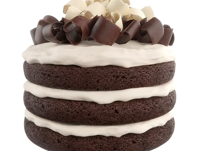 Three Layer Chocolate Cake With White Cream Layers And Chocolate Curls White Shavings 3d model