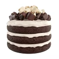 Three Layer Chocolate Cake With White Cream Layers And Chocolate Curls White Shavings