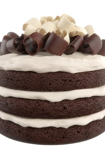 Three Layer Chocolate Cake With White Cream Layers And Chocolate Curls White Shavings 3d model