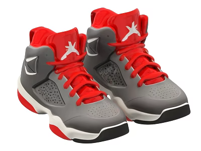 High Top Gray and Red Sneakers with White Logo and Black White Soles 3d model