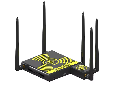 Black Wireless Router With Yellow Pattern and Multiple High Gain Antennas 3d model