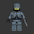 Lego Style Blue Robot Character Holding Gun With Glowing Visor And Armor As Mechanical Creature