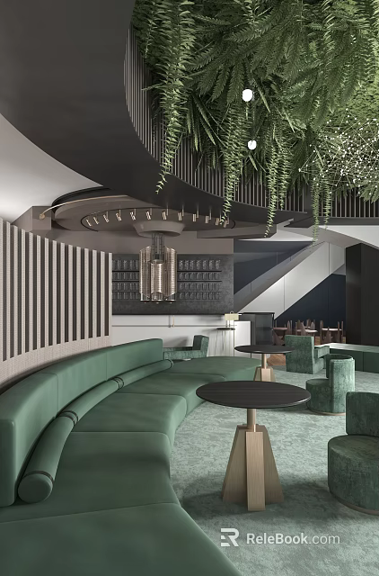 Modern Lounge Area Interior Design With Green Sofa Round Black Tables Chandelier And Hanging Plants 3d model 