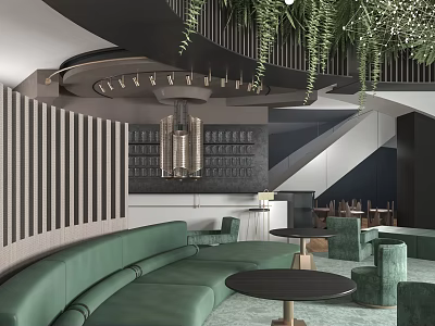 Modern Lounge Area Interior Design With Green Sofa Round Black Tables Chandelier And Hanging Plants 3d model