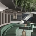 Modern Lounge Area Interior Design With Green Sofa Round Black Tables Chandelier And Hanging Plants