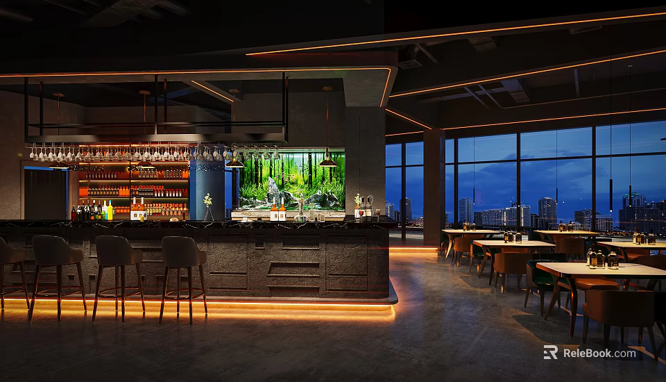 Modern Bar Interior With Open Counter Green Plant Wall And Night View Windows 3d model 