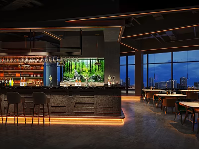 Modern Bar Interior With Open Counter Green Plant Wall And Night View Windows 3d model