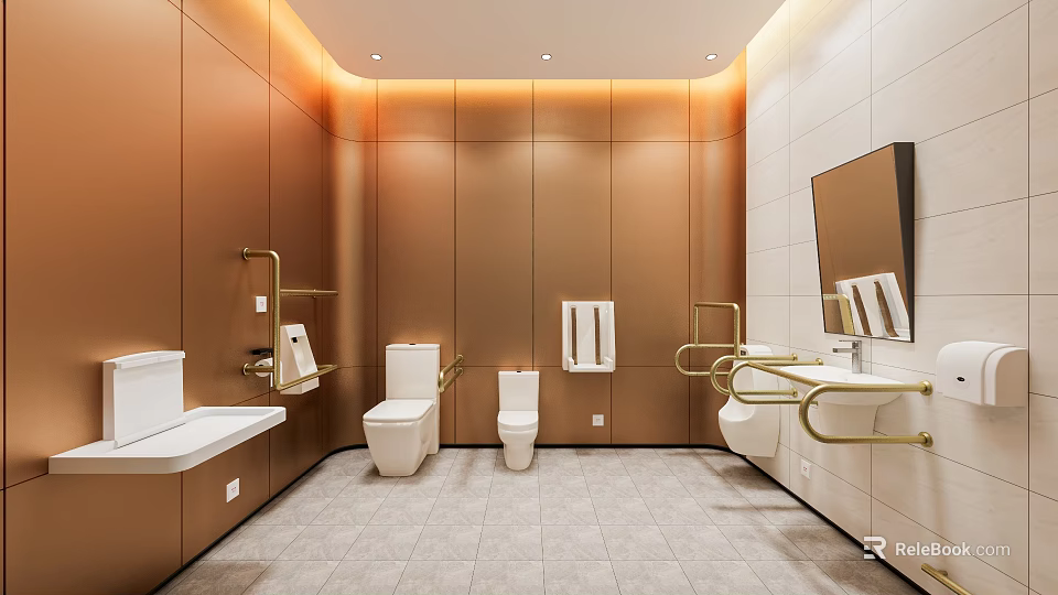 Modern Public Restroom With Golden Walls White Tiles Toilets Sinks Grab Bars And Towel Dispensers 3d model 