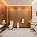 Modern Public Restroom With Golden Walls White Tiles Toilets Sinks Grab Bars And Towel Dispensers