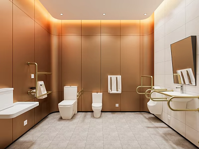 Modern Public Restroom With Golden Walls White Tiles Toilets Sinks Grab Bars And Towel Dispensers 3d model