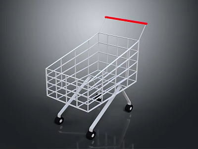 White Metal Shopping Cart With Red Handle And Four Black Wheels Wire Frame Structure 3d model