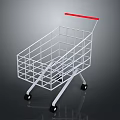 White Metal Shopping Cart With Red Handle And Four Black Wheels Wire Frame Structure