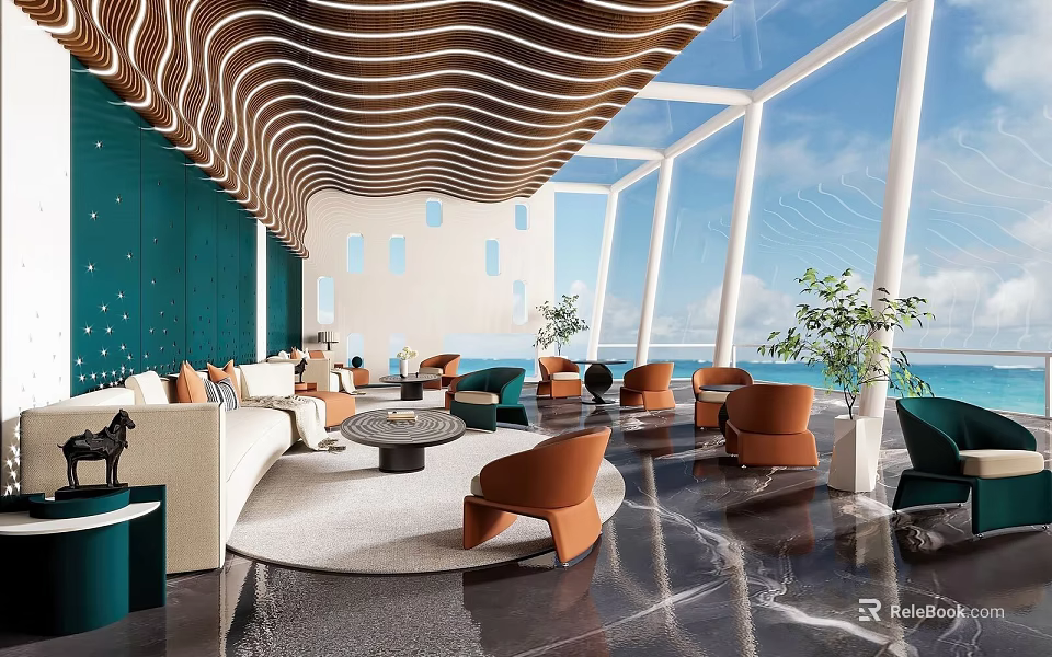 Modern Shower Sauna Area With Ocean View And Comfortable Seating 3d model