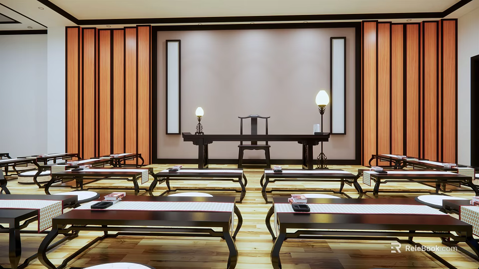 Traditional Chinese School Classroom With Wooden Paneling Long Tables Benches And Lamps 3d model 