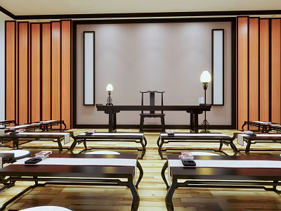 Traditional Chinese School Classroom With Wooden Paneling Long Tables Benches And Lamps 3d model