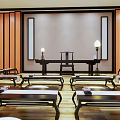 Traditional Chinese School Classroom With Wooden Paneling Long Tables Benches And Lamps