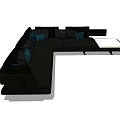 Modern Black Sectional Sofa With Blue And Patterned Cushions And Matching Coffee Table 3d model