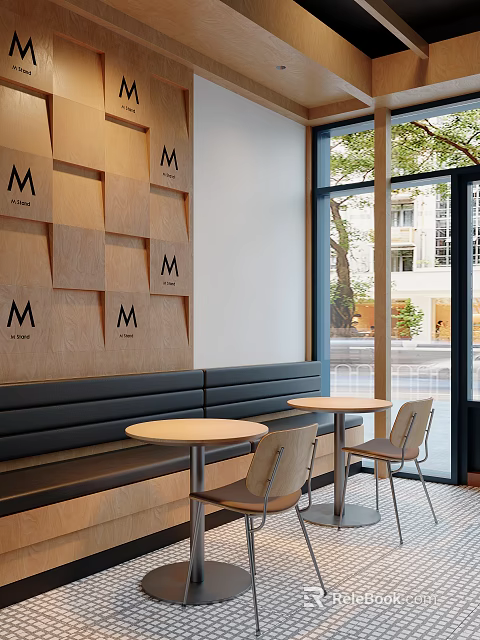 Modern Café Interior With M Logo Wooden Panel Wall Black Banquette And Round Tables 3d model 