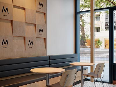 Modern Café Interior With M Logo Wooden Panel Wall Black Banquette And Round Tables 3d model