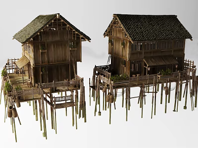 Two Traditional Stilted Wooden Buildings With Tile Roofs And Wooden Balconies 3d model