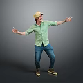 Man In Yellow Cap Green Shirt Blue Jeans Brown Shoes Arms Outstretched Against Gray Background