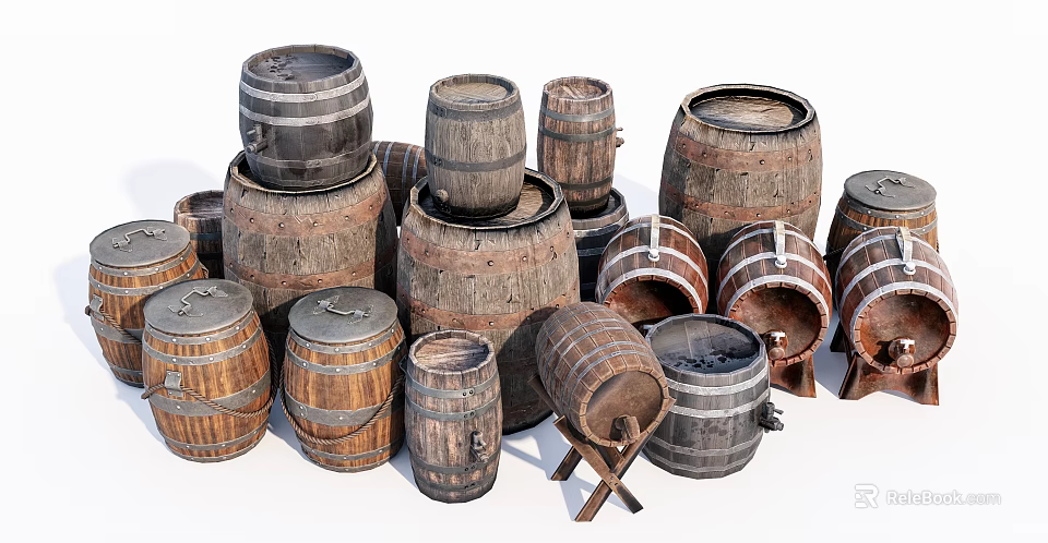 Vintage Wooden Barrel Ornament Set With Various Sizes And Rustic Design 3d model 