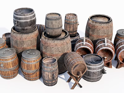 Vintage Wooden Barrel Ornament Set With Various Sizes And Rustic Design 3d model