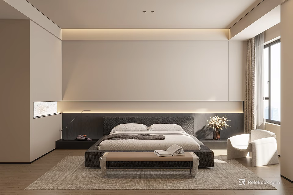 Modern Bedroom Interior Design With Large Bed LED Strip Lights Bench Rug And Armchair 3d model 