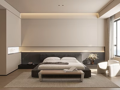 Modern Bedroom Interior Design With Large Bed LED Strip Lights Bench Rug And Armchair 3d model