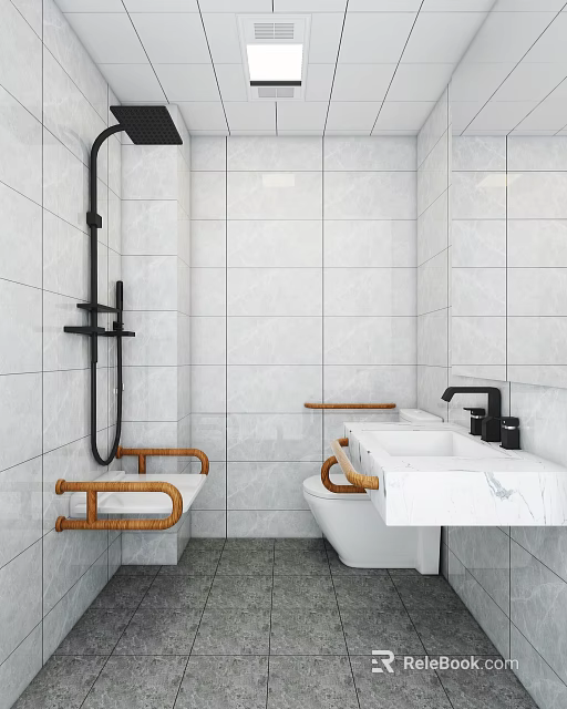 Clean Modern Bathroom Interior With White Tile Walls Black Shower Fixtures And Wooden Grab Bars 3d model 