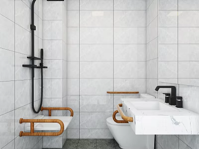 Clean Modern Bathroom Interior With White Tile Walls Black Shower Fixtures And Wooden Grab Bars 3d model