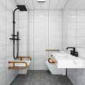 Clean Modern Bathroom Interior With White Tile Walls Black Shower Fixtures And Wooden Grab Bars