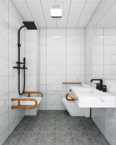 Clean Modern Bathroom Interior With White Tile Walls Black Shower Fixtures And Wooden Grab Bars 3d model