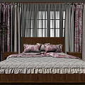Elegant Pink Floral Pattern Curtains with White Sheer Fabric in Cozy Bedroom with Wooden Headboard