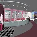 Pink Themed Dessert Shop With Black And White Checkered Floor And Cartoon Cat Sofa
