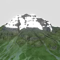 Natural Garden Landscape With Green Terrain Snow Capped Mountain And Flowing River