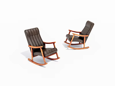 Two Brown Leather Rocking Chairs With Wooden Arms And Base On White Background 3d model
