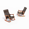 Two Brown Leather Rocking Chairs With Wooden Arms And Base On White Background